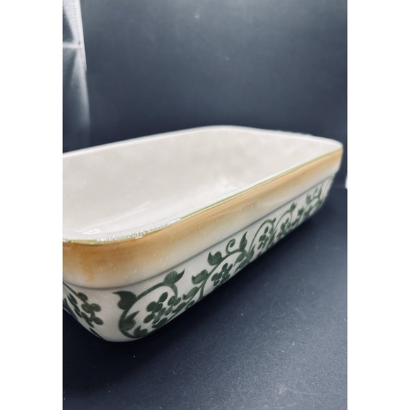 Lidia Bastianich Hand Painted Baking Casserole Loaf Dish Green Scroll Stoneware - Picture 4 of 7